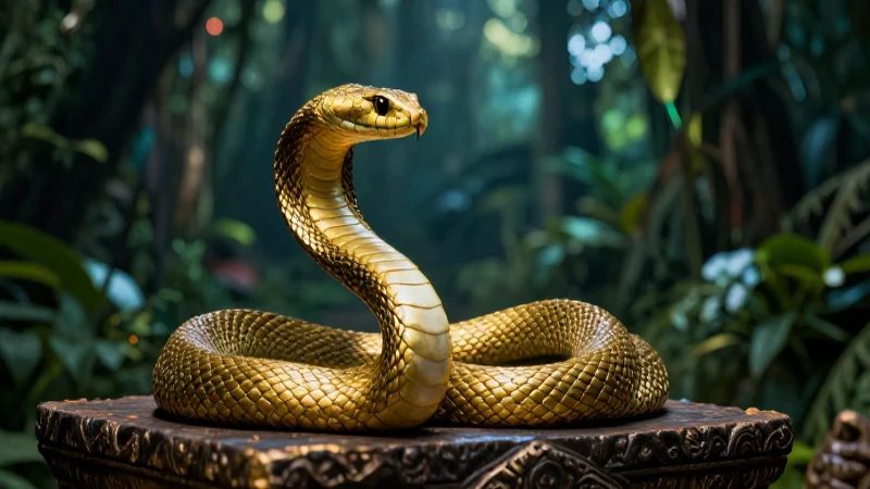 Serpiente dorada en altar, luz cinematográfica