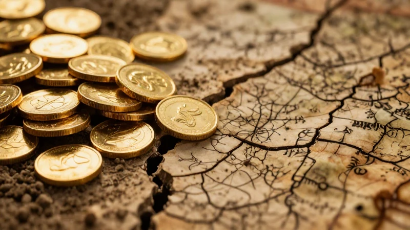Monedas antiguas brotan bajo luz cinematográfica
