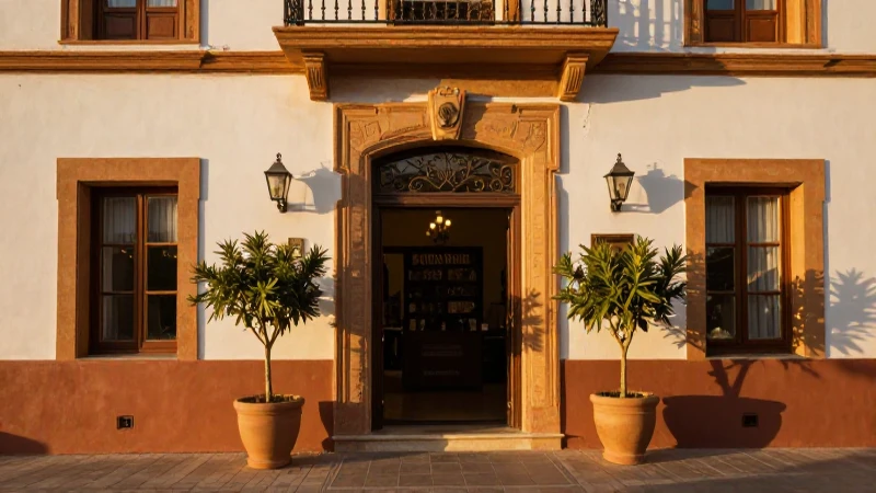 Fachada cálida y luminosa del hostal Estela