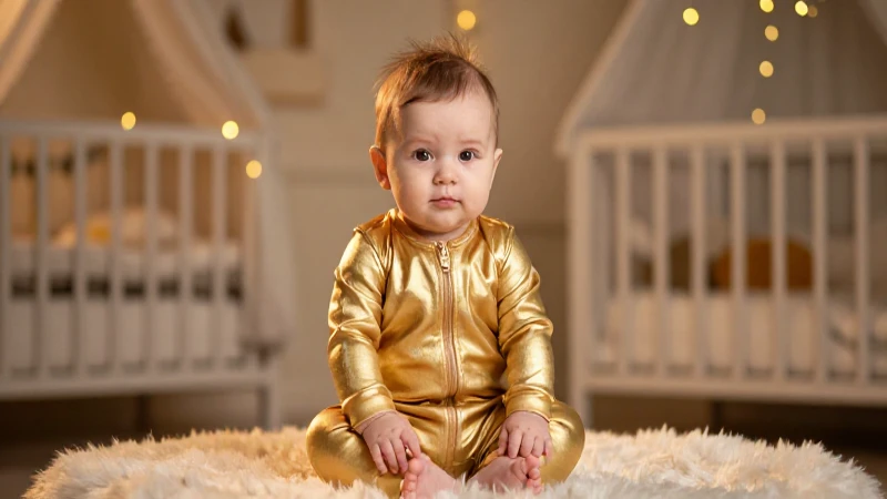 Bebé vestido dorado en ambiente cálido y suave