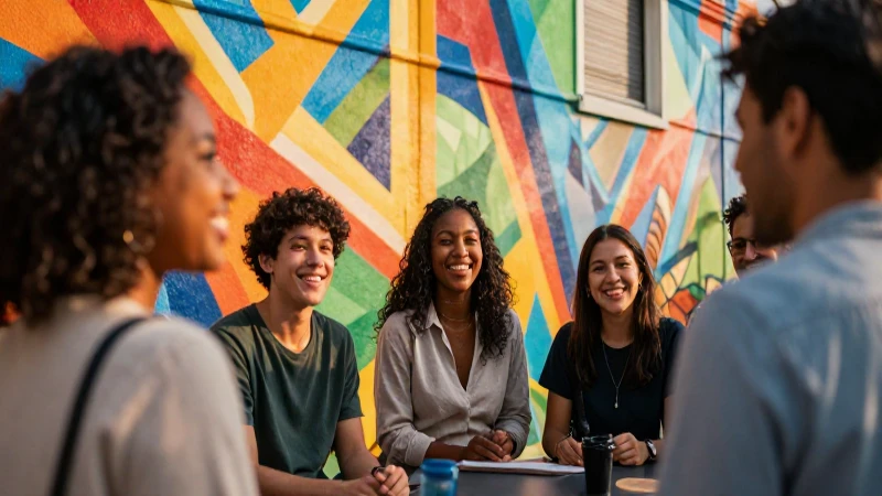 Fotografía vibrante y optimista de comunidad feliz