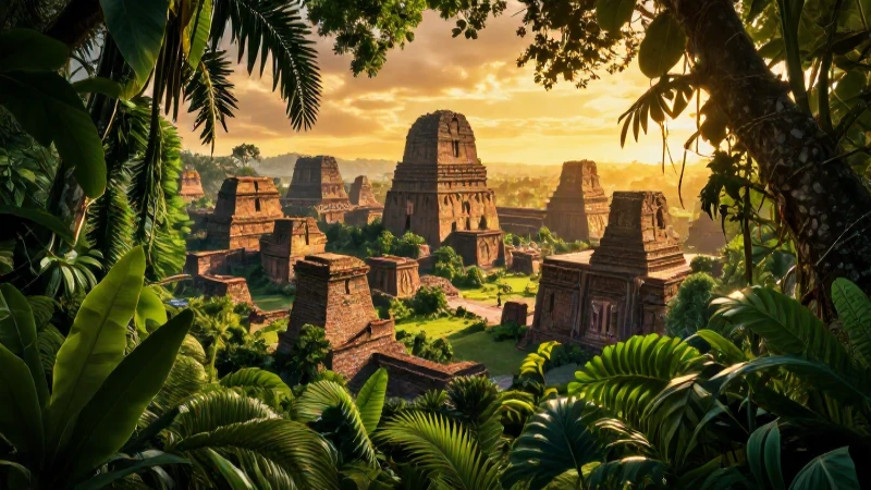 Ruinas doradas en la selva, luz cinematográfica
