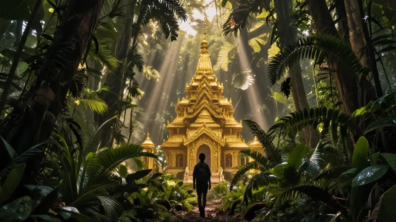 Conquistador avanza hacia templo dorado en selva