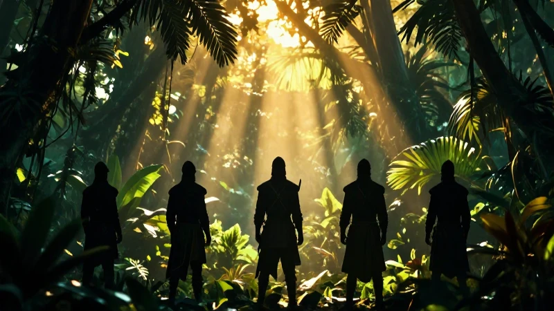 Imagen épica: conquistadores en jungla dorada