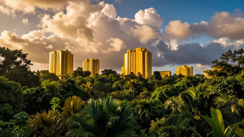 Ruinas doradas en jungla, luz cinematográfica vibrante