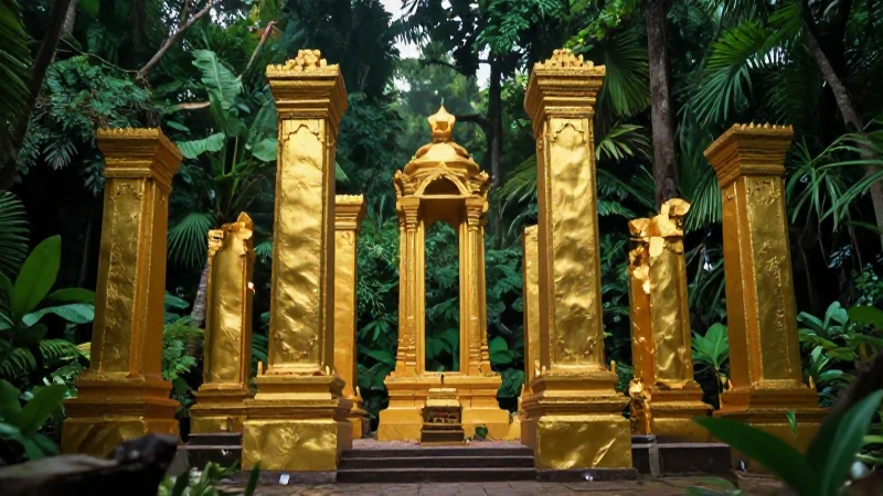 Ruinas doradas en jungla, estética cinematográfica impactante