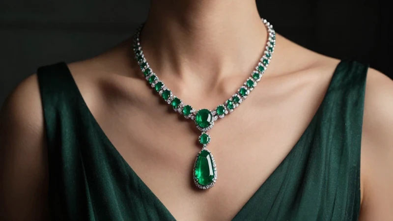 Elegante collar esmeralda sobre vestido lujoso