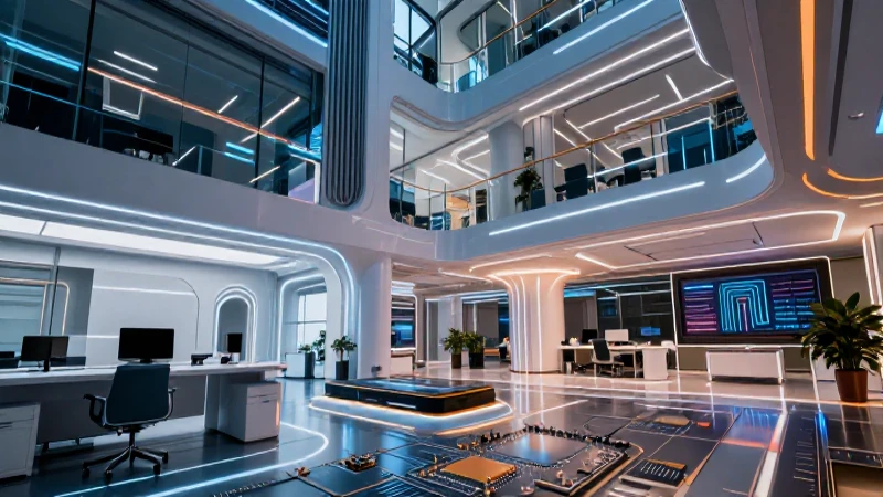 Oficina moderna con tecnología futurista y vibras