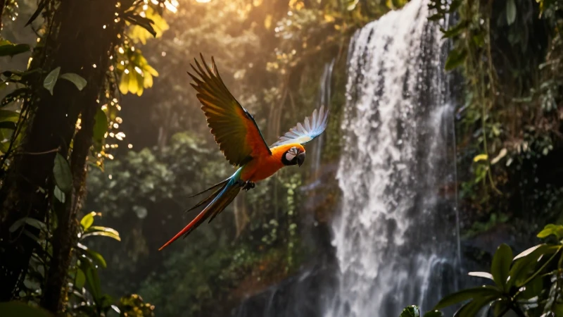 Selva exuberante, macaws y cascada dramática
