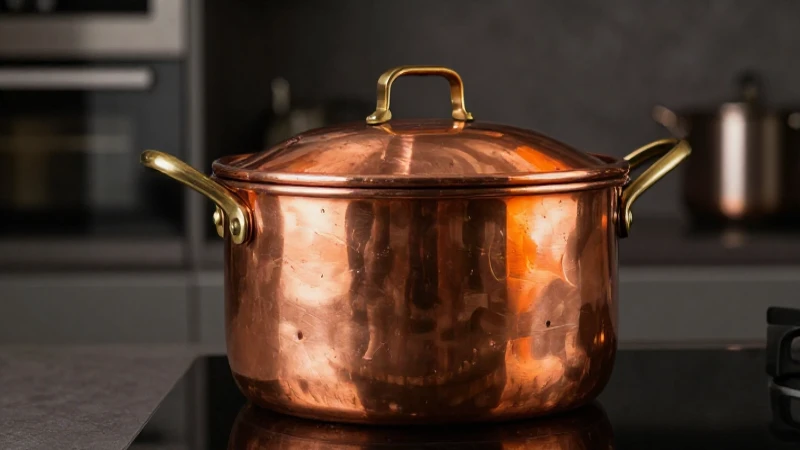 Utensilios de cobre en cocina moderna y cálida