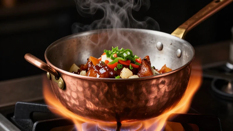 Sartén de cobre, comida chispeante y luz cálida