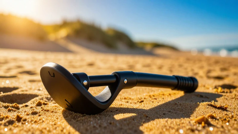 Metal detector en playa, luz dramática y vibrante