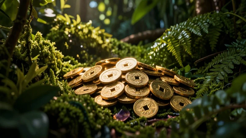 Monedas doradas antiguas en una selva vibrante