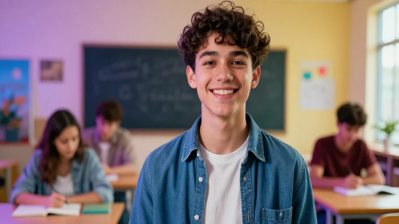 Estudiante sonríe optimista en aula moderna