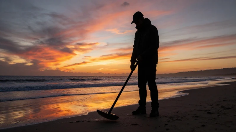 Silueta detecta metal en la playa dorada