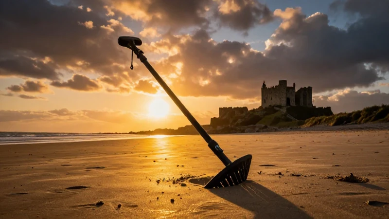 Atardecer dramático con castillo y playa dorada