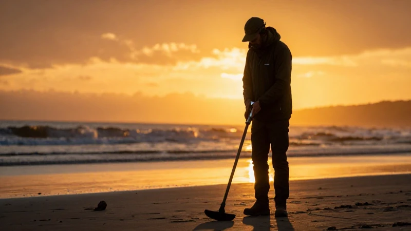 Atardecer dorado, buscador solitario en la playa