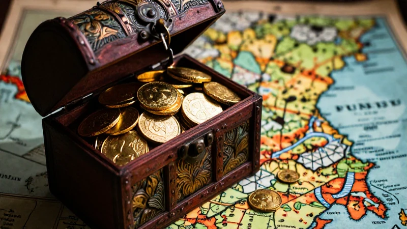 Mapa antiguo y cofre del tesoro dorado