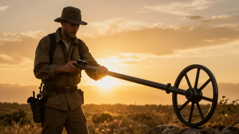 Cazador busca tesoros al atardecer dorado