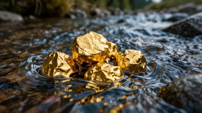 Pepitas doradas relucientes en el río