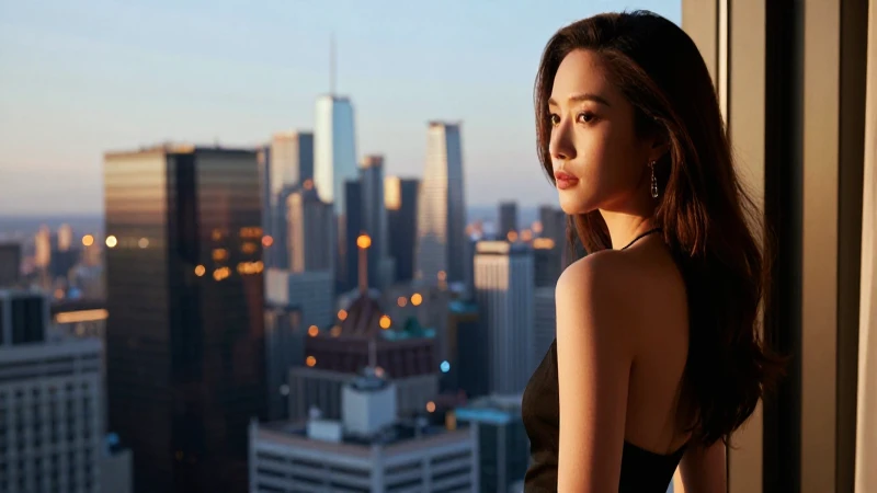 Mujer elegante en penthouse, vista panorámica