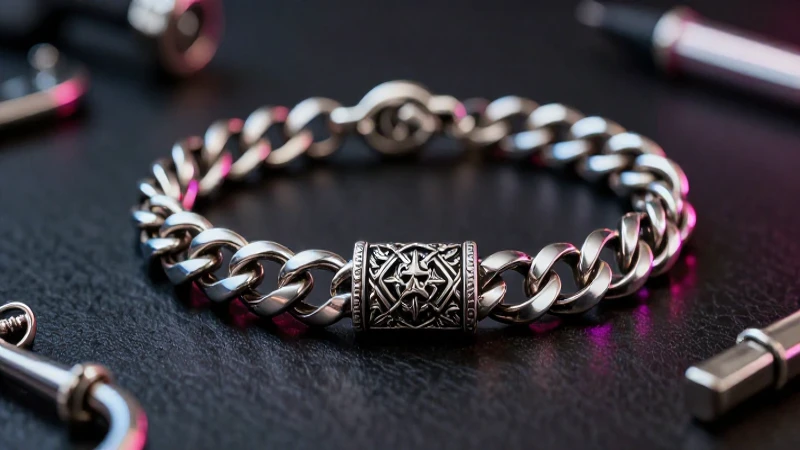 Pulsera plateada con diseño detallado y vibrante