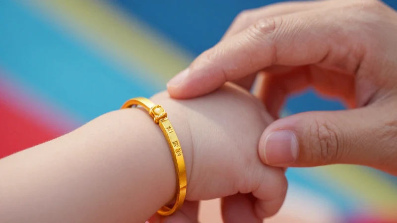 Pulsera dorada toca la mano infantil suavemente