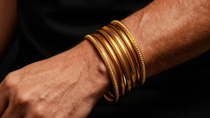 Puño masculino con pulseras doradas, lujo elegante