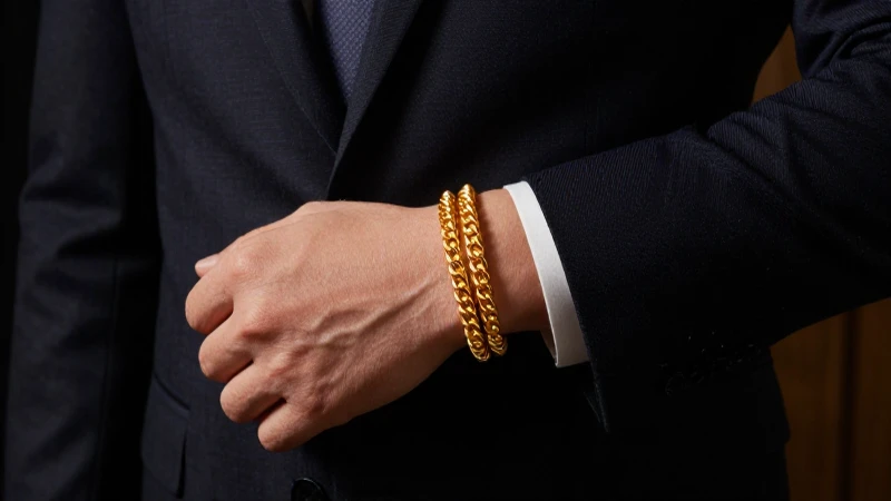 Hombre elegante con pulseras doradas y estilo