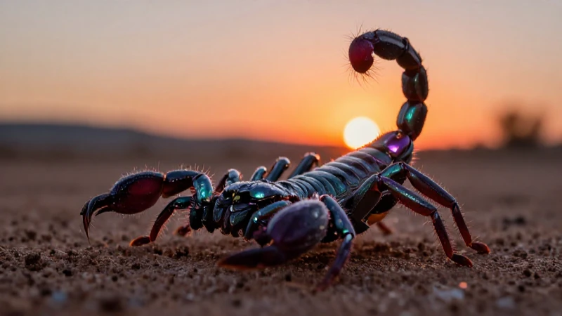 Escorpión mexicano brilla en atardecer dramático