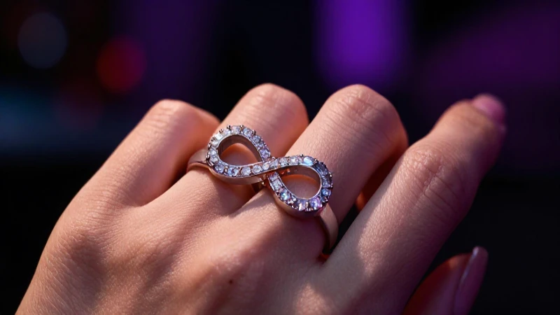 Anillo infinito en mano, luz cinematográfica y vibrante