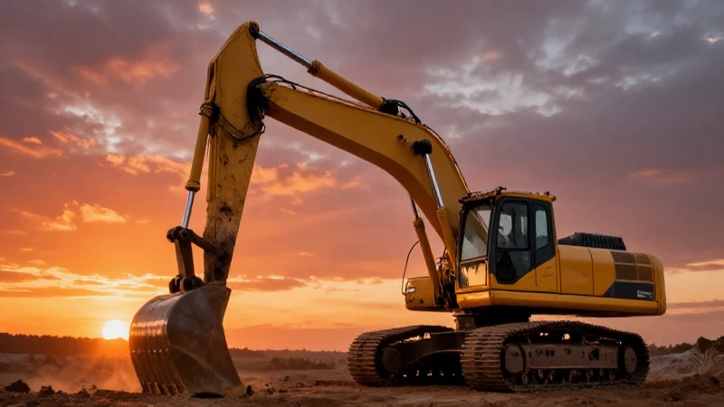 Excavadora épica al atardecer, hiperrealista y detallada