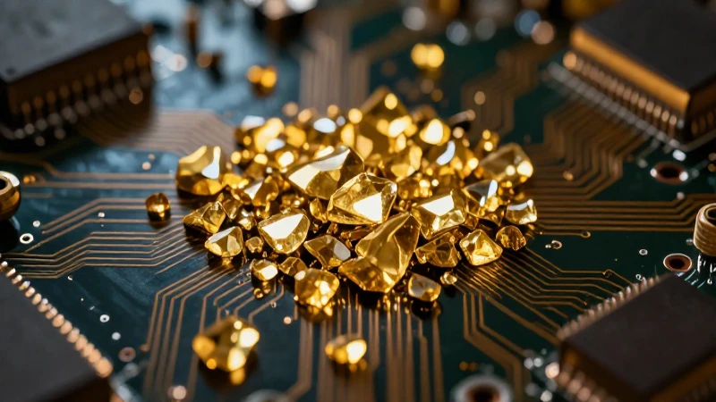 Fragmentos dorados brillantes en placa electrónica