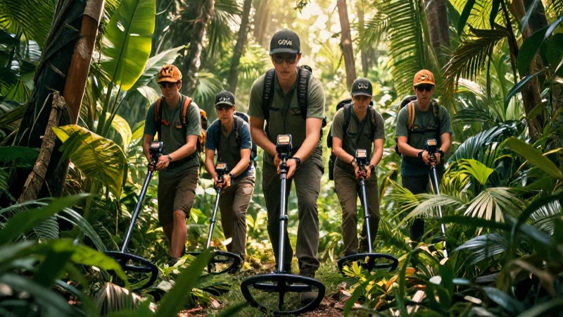 Cazadores de tesoros: cómo exploran con OKM Evolution 4 Buscadores del tesoro en jungla exuberante y vibrante