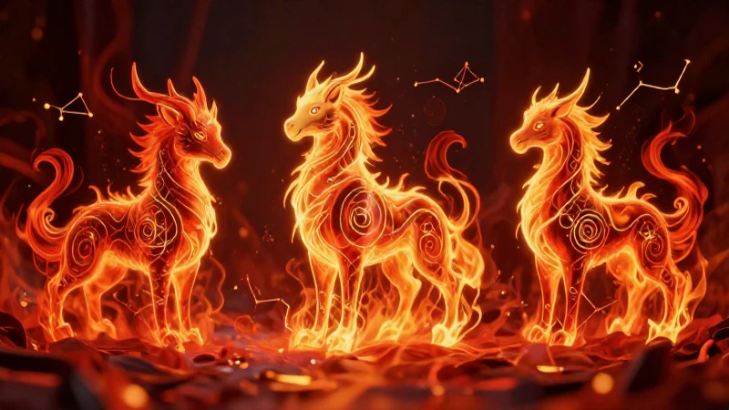 Cuáles son los rasgos más destacados de los Signos de Fuego 8 Fuego abstracto con signos zodiacales brillantes
