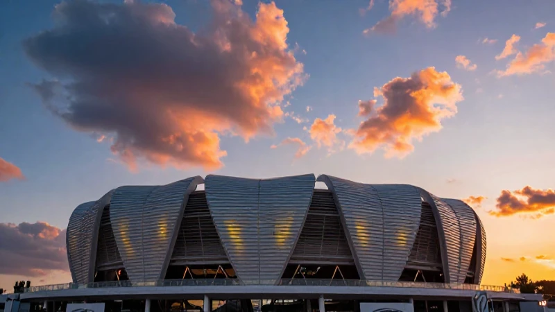 Espectacular estadio al atardecer, fotografía cinematográfica