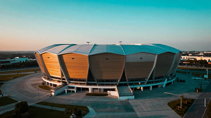 Estadio moderno con vibrantes colores y luz intensa