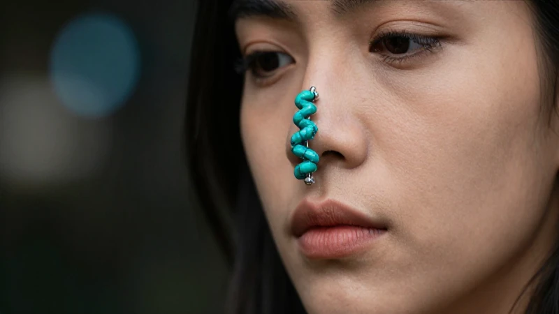 Piercing helicoidal turquesa: retrato cinematográfico vibrante