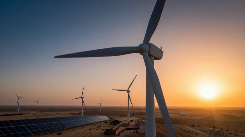 Aerogeneradores resaltan al atardecer en el desierto