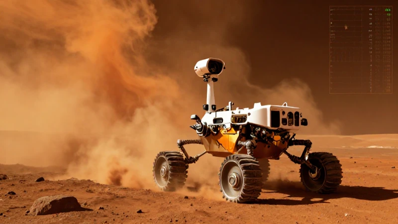 Rover futurista en Marte con tormenta naranja