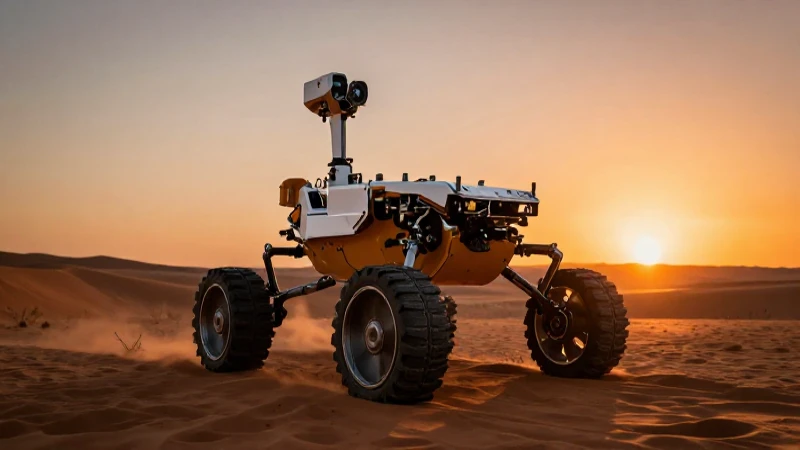 Rover futurista en desierto al atardecer