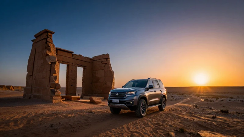 Rover explora ruinas al atardecer épico