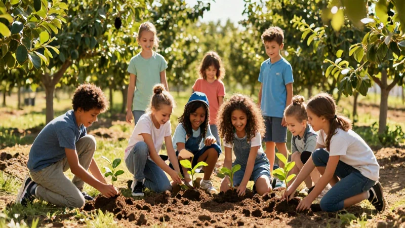 Niños plantan árboles en un soleado huerto