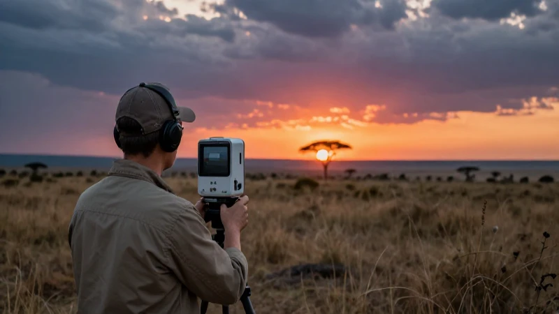 Geólogo usa detector en sabana al atardecer