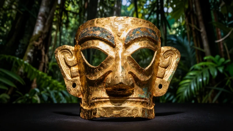 Máscara inca dorada resalta en vibrante primer plano