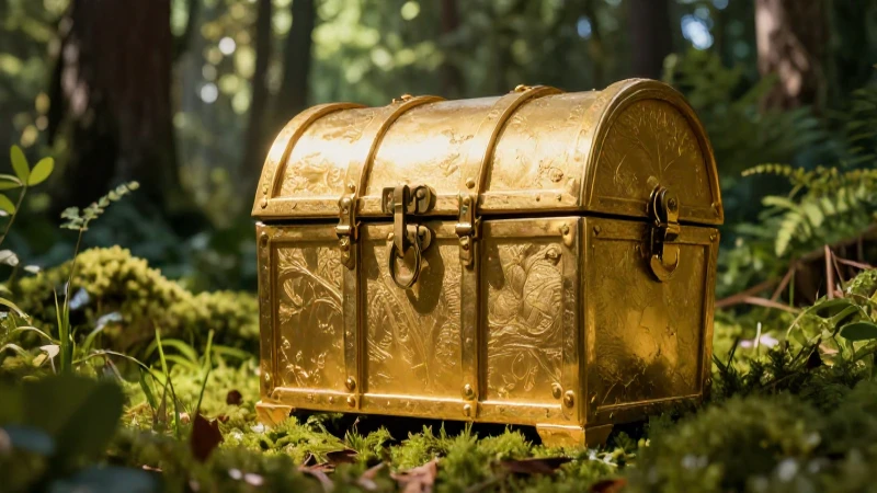 Cofre dorado en bosque alemán, luz dramática