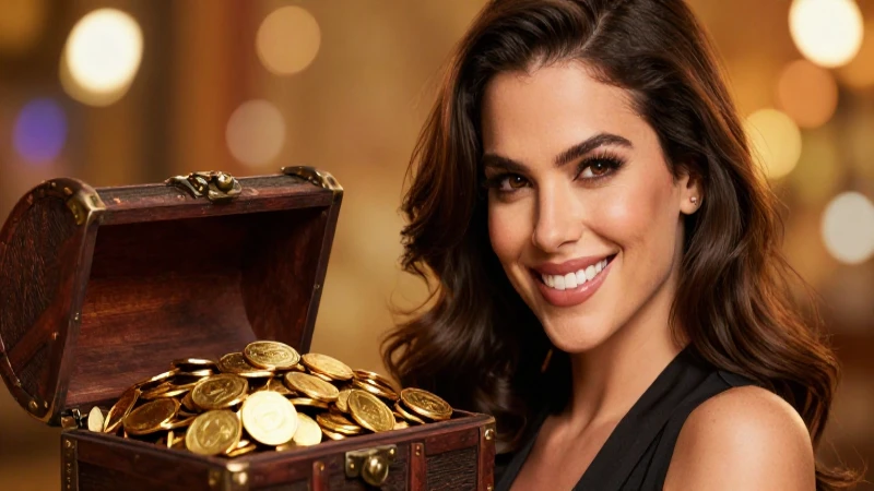 Mujer sonríe ante un tesoro brillante