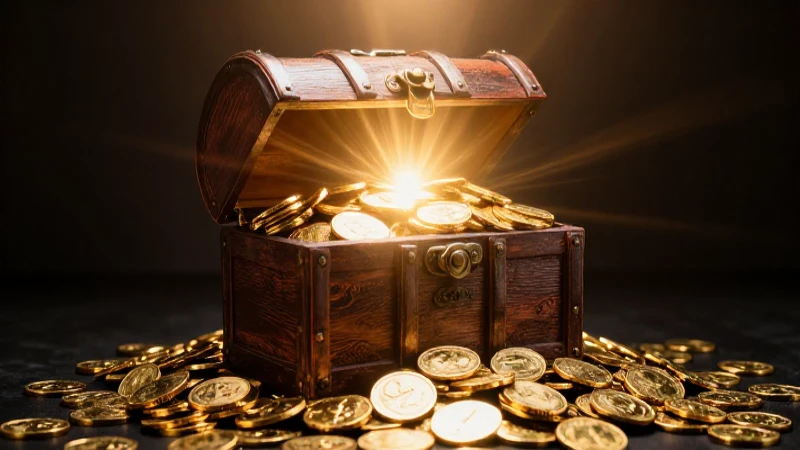 Cofre dorado brilla con luz dramática