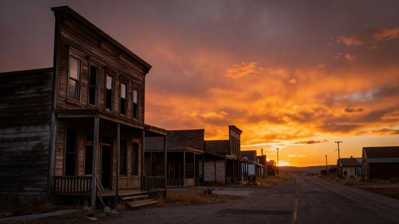 Pueblo fantasma bañado por el atardecer dorado