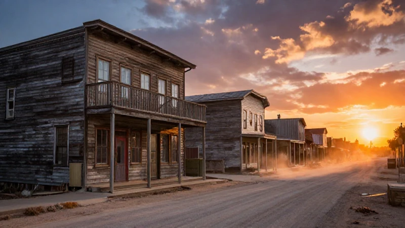 Calle principal polvorienta al atardecer cinematográfico